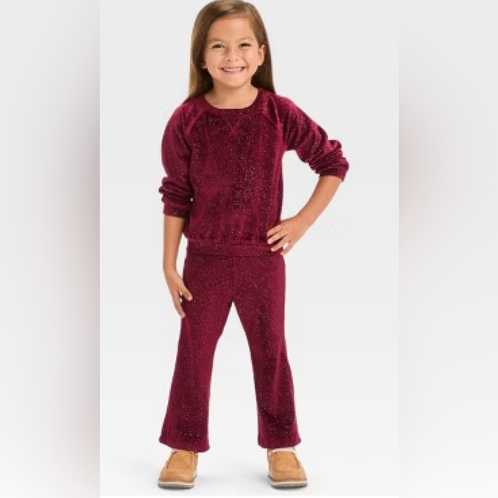 Toddler Girls' Flare Velour Top & Bottom Set - Cat & Jack Burgundy Size 12 Month